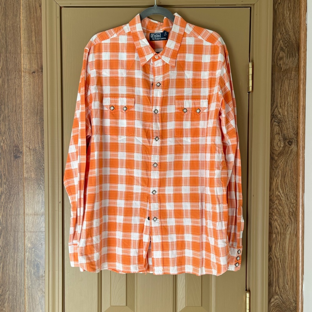 Men’s XXL Orange and white plaid vintage Polo with snaps